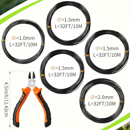 Mudder 5 Roll Bonsai Training Wire Aluminum 1/1.5/2.0mm Black | Anodized Coating Resists Rust, 160 Ft for Branches, Includes Cutter, Flexible Cable Holds Shape, For Bonsai Tree Training - color: Black, size: 1/1.5/2.0mm