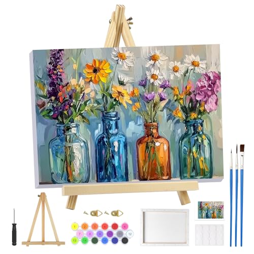 MOGTAA Paint by Numbers Kit for Adults Beginners with Frame, Flowers in Vase Adult Paint by Number Kits on Canvas with Easel, Easy DIY Oil Painting Kits for Home Decor, 8x12in - color: Flowers in Vase