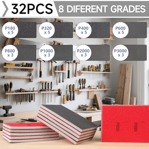 32Pcs Sanding Sponge 180-3000 Grit Soft Foam Hand Sander Block - size: 32pcs Mix Grit, style: Aluminum