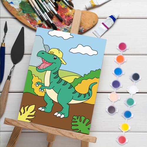 Anseal 12 Packs Animals Pre Drawn Canvas to Paint, 5" X 7" Dinasour Pre Printed Canvas, Pre Stretched Canvas Outline Painting Boards for Beginners, Party Favor - style: Dinasour