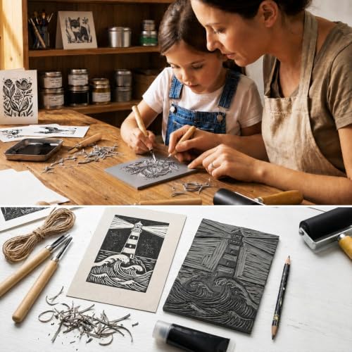 Lnncdsc Linocut Kit with Linoleum Blocks and Carving Tools for Printmaking | Includes easy-carve linoleum blocks and multi-size carving cutters; complete printmaking supplies for beginners, artists