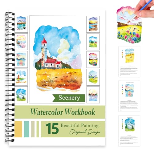 Watercolor Workbooks for Adults Beginners & Teens, 16 Colors 15 Beautiful Paintings, Pre-Outlined Designs, Easy Watercolor Art Book（Without Palette Scenery） - color: Scenery, size: without palette