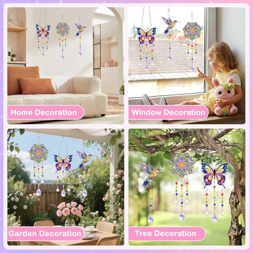 Arts and Crafts for Kids Ages 8-12, Diamond Art Kits for Kids Birthday Gifts for 5 6 7 8 9 10 11 Year Old Girls Diamond Painting Kits for Adults Teen, Gem Art Suncatcher Wind Chime for Home Garden