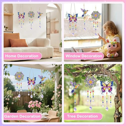 Arts and Crafts for Kids Ages 8-12, Diamond Art Kits for Kids Birthday Gifts for 5 6 7 8 9 10 11 Year Old Girls Diamond Painting Kits for Adults Teen, Gem Art Suncatcher Wind Chime for Home Garden