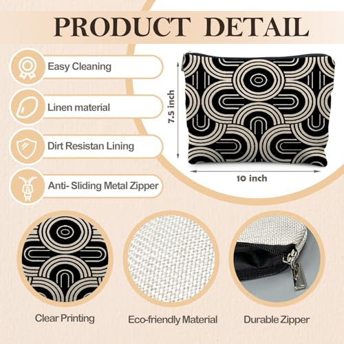 Abstract Beige and Black Makeup Bag, Modern Minimalist Art Deco Cosmetic Bags for Women, Mid Century Modern Zipper Makeup Pouch - color: Black and white lines - 3