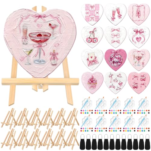 Motipuns 12 Set Pre Drawn Canvas for Painting for Adults Sip and Paint Kit with Easels 8 x 10 Inches Paint Party Kit with Printed Canvas Paints Brushes Palette Bag Apron (Pink Bow) - style: Pink Bow