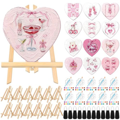 Motipuns 12 Set Pre Drawn Canvas for Painting for Adults Sip and Paint Kit with Easels 8 x 10 Inches Paint Party Kit with Printed Canvas Paints Brushes Palette Bag Apron (Pink Bow) - style: Pink Bow