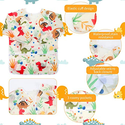 CUBACO Kids Painting Apron, 2pcs Waterproof Art Smocks For Child 3-8 Years, Kids Smocks for Painting Aprons with Long Sleeve - color: Dinosaur