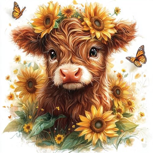 KINPLUB Highland Cow Sunflower Diamond Painting Kits for Adults Beginners, Cow Flowers Diamond Art Kits for Adults, DIY Full Drill Round Gem Art Dots for Home Wall Decor 12x12 Inch - color: Cow Flowers
