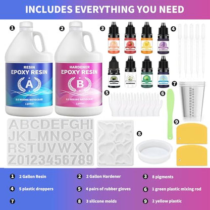Minlebao Crystal Clear Epoxy Resin Kit 2 Gallon, High Gloss Bubble-Free Coating & Casting for DIY Art, Jewelry Making, River Tables - 1:1 Ratio with Measuring, Silicone Mold and Usage Tools - size: 2Gallon
