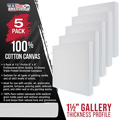 U.S. Art Supply 8"x8" Stretched Canvas for Painting, Gallery Depth 5-Pack - size: 8" x 8"