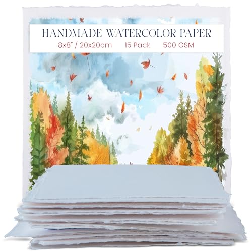 Wanderings Thick Handmade Watercolor Paper with Deckled Edge - 8" x 8" - 500GSM Premium White Cold Press Textured Mixed Media Paper Made with Recycled Cotton - 15 Sheets - color: White, size: 8x8 inches