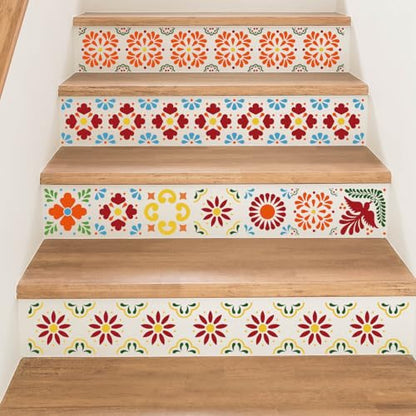 Talavera Stencil Mexican Stencils 4” | Folk Art Stencil Tile Stencils for Painting on Stairs Floor Furniture Wood Cielito Lindo Decor - style: Tile-4"/49p