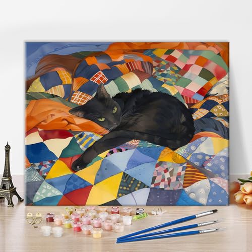 TUMOVO Paint by Numbers Kit for Adults Beginner Black Cat Art Painting | DIY Pet Portrait Canvas Kit with Paints and Brushes, Mindful Art Activity for Weekend Creative Project, 16x20 Inch Unframed - color: Cat