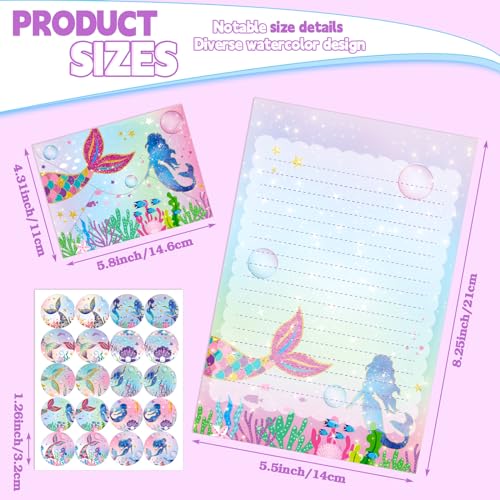 TaoBary 160 Pcs Mermaid Stationery Paper and Envelopes Set 50 Double Sided Lined Stationery Paper with 50 Matching Envelopes and 60 Round Dot Sticker 5.5 x 8.25'' Letter Writing Kit, 10design - size: 5.5 x 8.25 Inch, style: Mermaid