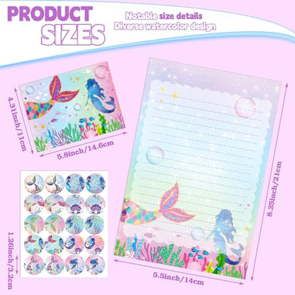 TaoBary 160 Pcs Mermaid Stationery Paper and Envelopes Set 50 Double Sided Lined Stationery Paper with 50 Matching Envelopes and 60 Round Dot Sticker 5.5 x 8.25'' Letter Writing Kit, 10design - size: 5.5 x 8.25 Inch, style: Mermaid