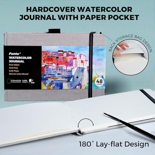 Funto Classic Hardcover Watercolor Journal, 8.5x5.5(2-Pack)-140lb Cold Press Paper, Lay-Flat Binding,Inner Pocket, for Adults & Artists - color: Gray-8.5 x 5.5