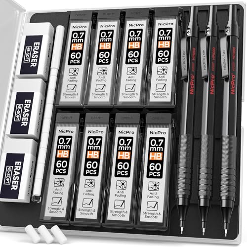 Nicpro Mechanical Pencils 0.7mm in Case, 3 Pack Metal Pencils Set, Black | 480PCS HB Lead Refills, 3 Erasers, 9 Eraser Refills, Anti-slip Grip, Art Sketching Pencil for Writing Drawing Drafting - color: Black, style: 0.7 MM
