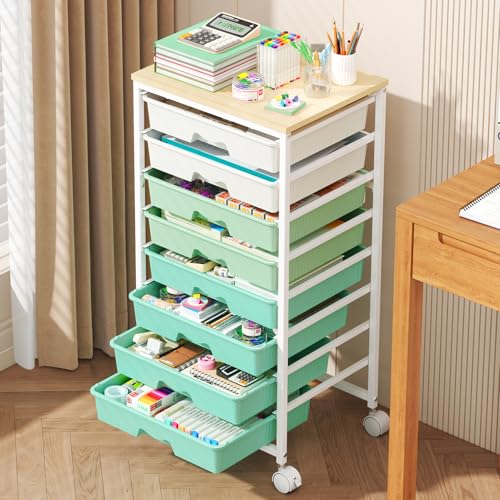 Goovilla Rolling Cart with 8 Drawers for Art, Dorm, Office, Craft, Green | Utility Cart Organizer With 8 Removable Drawers and Wooden Tabletop, Lockable Rolling Storage Organizer for Classroom, Home - size: Green