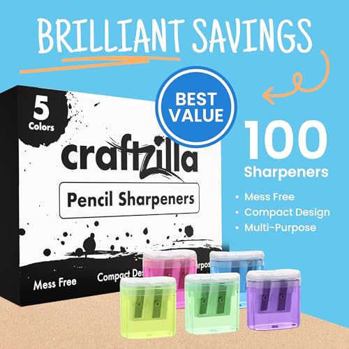 Craftzilla Pencil Sharpener 100 Pack, Manual Dual-Hole Sharpeners Bulk | Handheld Pencil Sharpeners with Lids for Kids, Classroom, School Office Supplies, Standard and Jumbo Pencils, 5 Colors - size: 100pcs Pencil Sharpeners
