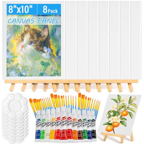 shynek 66 Pack Canvases with Easel Set, 8 x 10 Inch Canvas Boards with Wooden Easels, Acrylic Paint, Paint Brushes Canvas Panel Painting Kit for Beginners Art Crafts Sip and Paint Party - color: 12 Colors Acrylic Paints