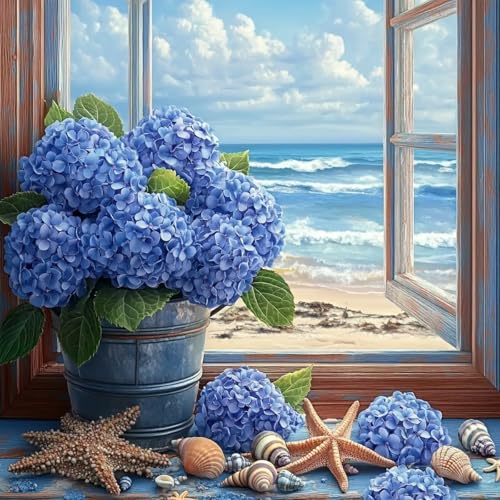 GEWOUVIN Window Side Hydrangea Diamond Art Kits for Adults,Seaside Diamond Painting Kits for Adults Beginners,DIY Full 5D Round Drill Gem Art Kits for Gift Home Wall Decor【13.8x13.8inch】 - color: JW-085