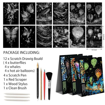 Iskueal Glow in The Dark Scratch Art Paper，Engraved Landscape Scratch Painting Rainbow Board (12 Sheets A4) Adults, Fun Sketch Card Creative Craft Toy (Animals/Landscapes) - color: (Animals/Landscapes)