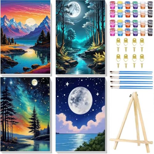 4 Pack Beach Paint by Numbers for Adults with Framed Canvas Wooden Easel | Beach Paint by Number on Canvas, DIY Moon Landscape Acrylic Oil Painting Kits with Brushes for Home Wall Decor (8x12 inch) - color: 4pc Beach