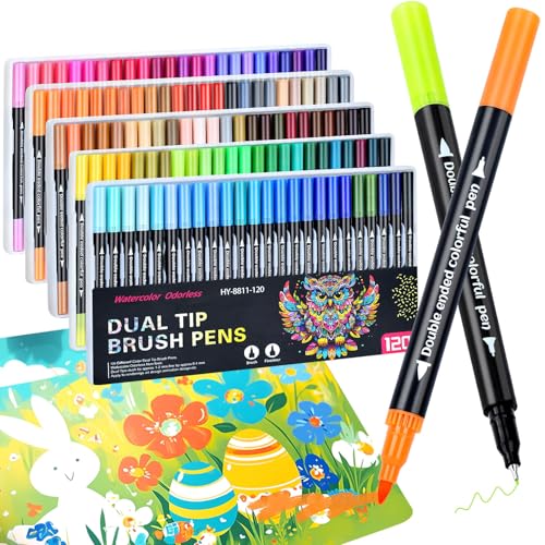 MIN CI 120 Colors Dual Tip Markers, Fine Tip and Brush Tip Permanent Coloring Markers for Drawing Art Supplies, Dual Marker s Brush Pens Kit for Adult Coloring Book, School Supplies, DIY Crafts - color: 120 colors
