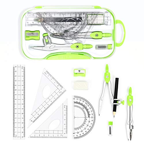 Vobou Math Geometry Sets 10 Pcs, Student Supplies Kit, Compass Set (Green） | Shatterproof Storage Box,Rulers,Protractor,Compass,Eraser,Pencil Sharpener,Lead Refills,Pencil,for School and Drawing - color: Green