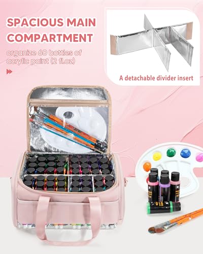 Marscamd Acrylic Paint Organizer Holds 60 Bottles (2 oz), Acrylic Paint Bag | with Tools Storage Sections & Crossbody Strap, Water-repellent fabric, Aluminum-lining, Pink - color: Pink