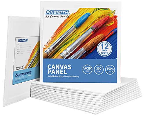 FIXSMITH Canvas Boards for Painting 12x12 Inch, Super Value 12 Pack White Blank Canvas Panels, 100% Cotton Primed, Painting Art Supplies for Professionals, Hobby Painters, Students & Kids - size: 12"×12"