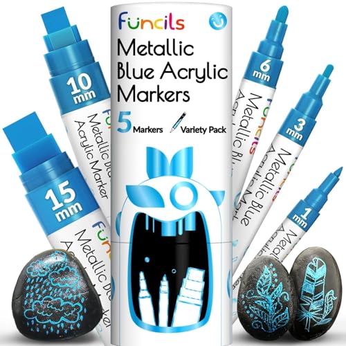 5 Metallic Acrylic Blue Paint Markers Pens for Rock Painting, Wood | Extra Fine Tip, Thin & Jumbo Pen (1mm, 3mm, 6mm, 10mm, 15mm) - Permanent Marker for Metal, Fabric, Plastic, Canvas, Glass - color: Metallic Blue