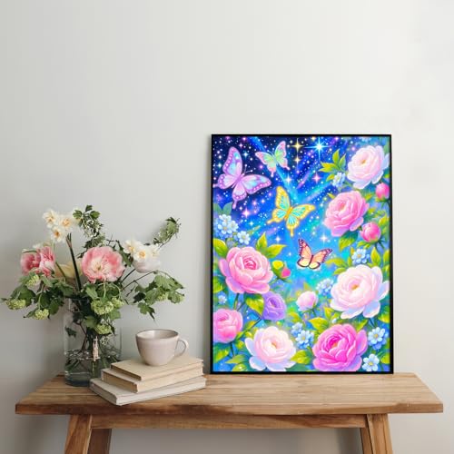 PRASIO Butterfly Diamond Art Kits for Adults Beginner, Flowers 5D Diamond Painting Kits for Adults, DIY Round Full Drill Colorful Gem Art Painting and Crafts for Gift Home Wall Decor 12x16 Inch - color: XM-DP-ButterflyFlowers02-3040