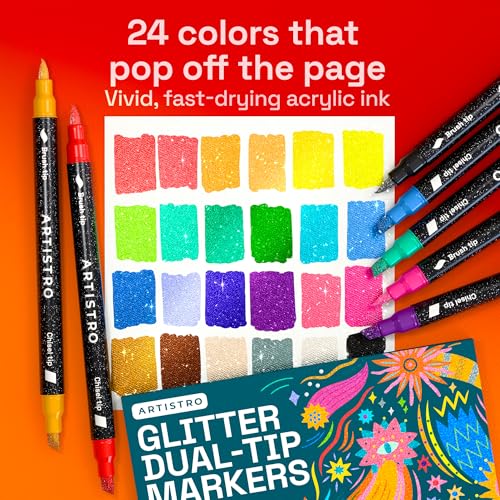 ARTISTRO 24 Sparkly Glitter Dual-Tip Paint Pens – Dazzling Markers with Acrylic Ink for Rock, Ceramic, Wood, Fabric, & More – Brush + Chisel Tips