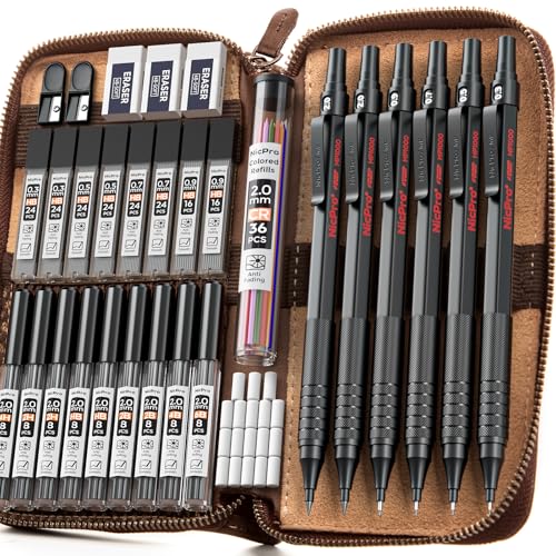 Nicpro 33PCS Black Metal Mechanical Pencil Set in Leather Case - color: Black, size: 33pcs