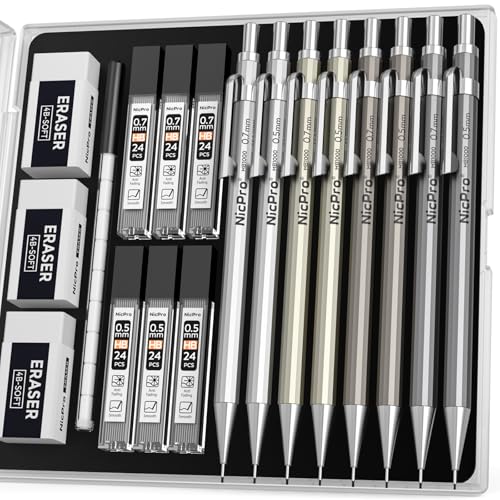 Nicpro 8 Pack 0.5mm & 0.7mm Metal Mechanical Pencil Set, MB1000 | Lead Drafting Pencil for Artist Writing, Sketching, Drawing with 6 Tubes HB Refills, 3×4B Eraser, 9×Cap Eraser - With Case - style: 8 Pack （0.5mm & 0.7mm）