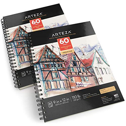 ARTEZA Mixed Media Sketchbook, 9x12 Inches – 2-Pack, 60 Spiral-Bound Sheets, 110 lb Acid-Free Paper for Wet & Dry Media: Acrylic, Ink, Pencil & More - size: 9"x12" (Pack of 2)