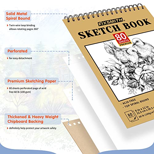 FIXSMITH 9"X12" Sketch Book, 100 Sheets, 68 lb/100gsm Sketchbook | Acid Free Drawing Paper | Top Bound Artist Sketch Pad | for Kids, Beginners, Artists & Professionals | Bright White - color: Tan, size: 9"x12"-1 Pack