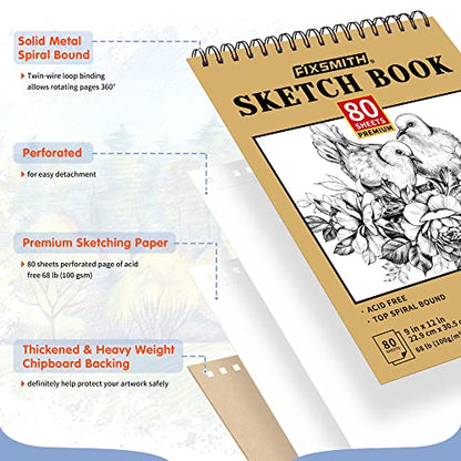 FIXSMITH 9"X12" Sketch Book, 100 Sheets, 68 lb/100gsm Sketchbook, 2 Pack | Acid Free Drawing Paper | Top Bound Artist Sketch Pad | for Kids, Beginners, Artists & Professionals | Bright White - color: Tan, size: 9"x12"-2 Pack