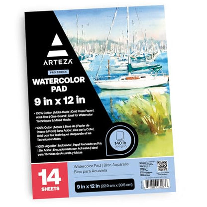 ARTEZA Watercolor Paper, 14 Sheets, 9x12 Inches Water Color Paper, 140lb/300gsm, 100% Cotton, Cold Press, Acid Free Art Paper - style: 14 Sheets (Cold-Pressed)
