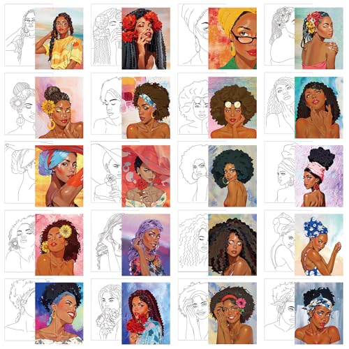 Sherr 20 Pcs Pre Drawn Canvas Afro Queen for Painting for Adults | Bulk 8" x 10" Pre Stretched Outline Painting Boards African American for Beginners Students, Party Favor - style: Stylish
