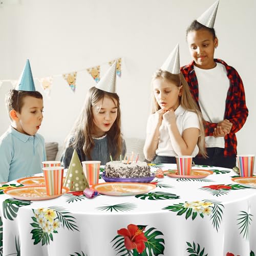 Oudain 6 Pcs 84" Summer Round Hawaiian Tablecloths, Lagre Tropical Luau Plastic Table Covers with Palm Leaves & Hibiscus Flower, Aloha Tiki Beach Pool Party Decorations Supplies (White) - color: White