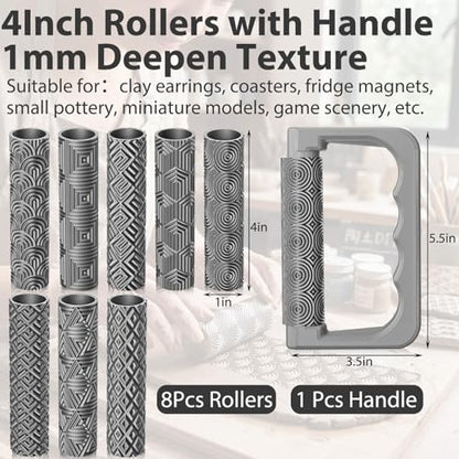 Leriton 9 Pcs Clay Texture Roller Set with Handle, 8-Pattern 3D-Printed Miniature Texture Rollers for Clay, Miniatures, Tabletop, Pottery (Geometric) - style: Geometric