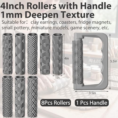 Leriton 9 Pcs Clay Texture Roller Set with Handle, Geometric - style: Geometric