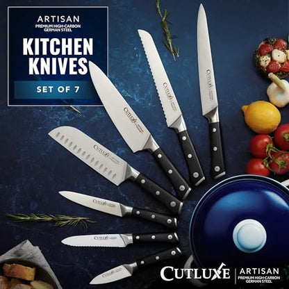 Cutluxe Chef Knife Set, 7-Piece Kitchen Knives – Razor Sharp German Steel | Professional Full Tang Blades with Ergonomic Handles – Artisan Series, Forged High Carbon - size: 7 Pcs Knife Set