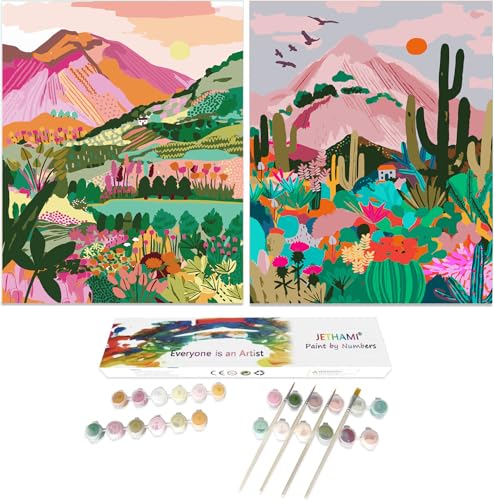 Jethami 2 Pack Paint by Numbers for Adults Beginner, Mountains Sunset Plant Landscape DIY Canvas Art Kit for Relaxation 16x20 in - color: national park landscape