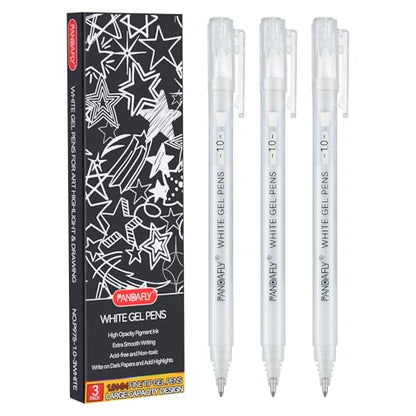 PANDAFLY White Gel Pens, 3-Pack, 1.0mm Fine Point Opaque Gel Ink Pens | White Archival Ink Pens for Highlights, Black Paper Drawing, Sketching, Illustration, Card Making, Bullet Journaling - style: White-1.0mm