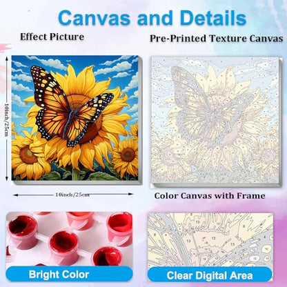 Artunion Framed Paint by Numbers Kit for Adults Beginners & Kids Ages 8-12,Sunflower Butterfly Paint by Number with Frame,Floral Paint by Numbers Kit on Canvas 10 * 10 Inch Without Easel - color: ZXT-195-F