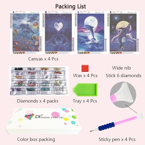 Muzagroo Art 4 Pack Diamond Paintings Kits for Adults 5D Diamond Art DIY with Round Full Drill Diamonds for Beginners Dolphins Diamond Wall Art for Living Room - color: 01-Dolphins